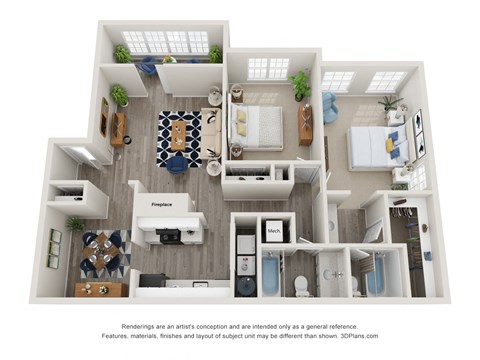 Floor plan for 2 beds, 2 baths, 1200 sqft